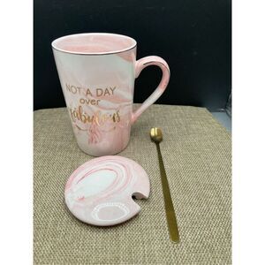 New Not A Day Over Fabulous 14 Oz Ceramic Mug Matching Lid & Gold Spoon Original
